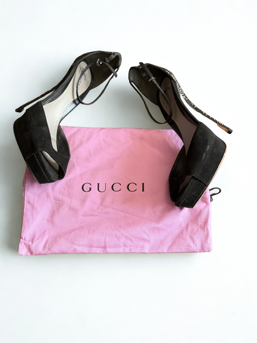 Gucci Black Suede Platform Peep-Toe Ankle-Strap Heels Size 41